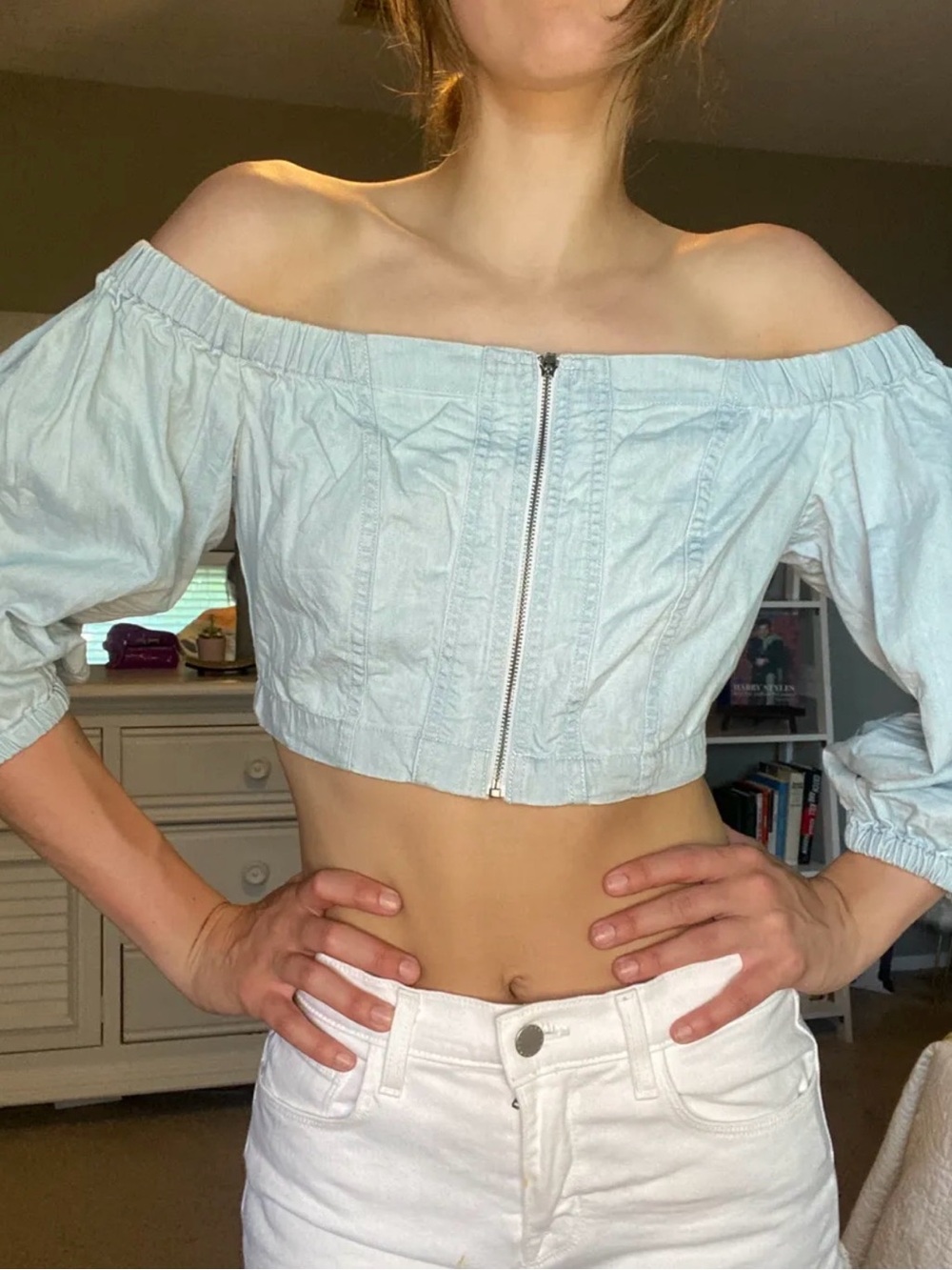 BDG Light Blue Denim Off the Shoulder Crop Top